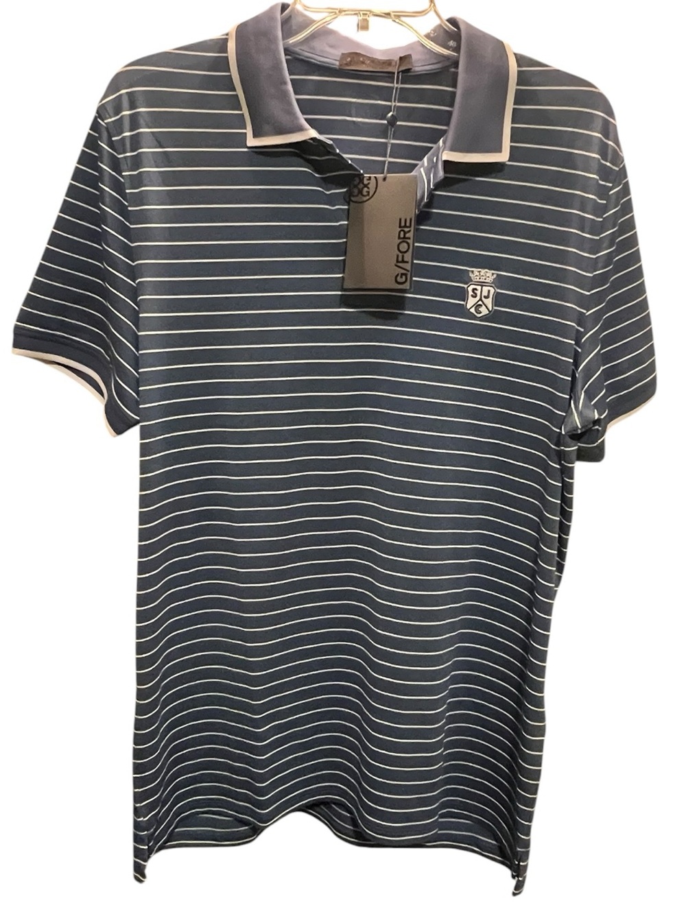 NEW! NWT G/FORE Navy and White Thin-Striped Polo with Contrast Collar - M